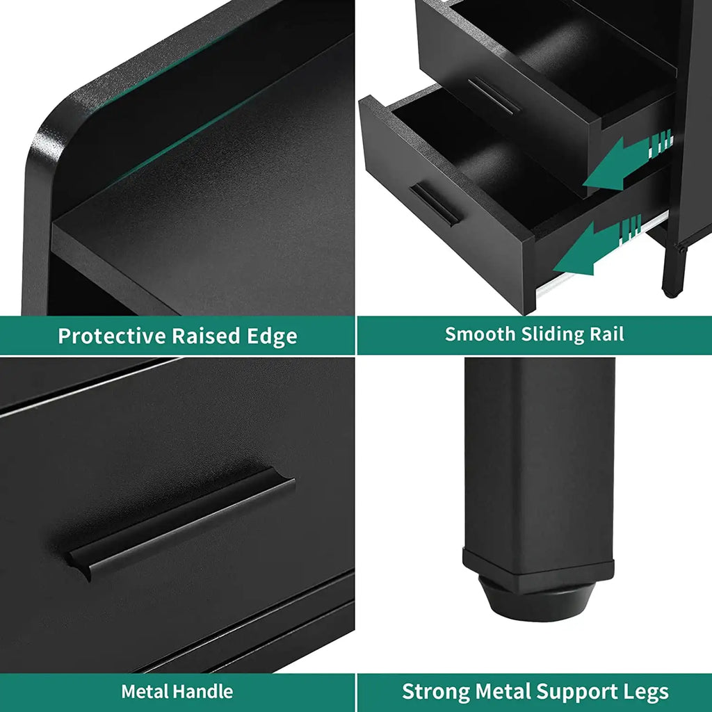Side Table with Charging Station, 3-Drawer LED Light Bedside Living Room