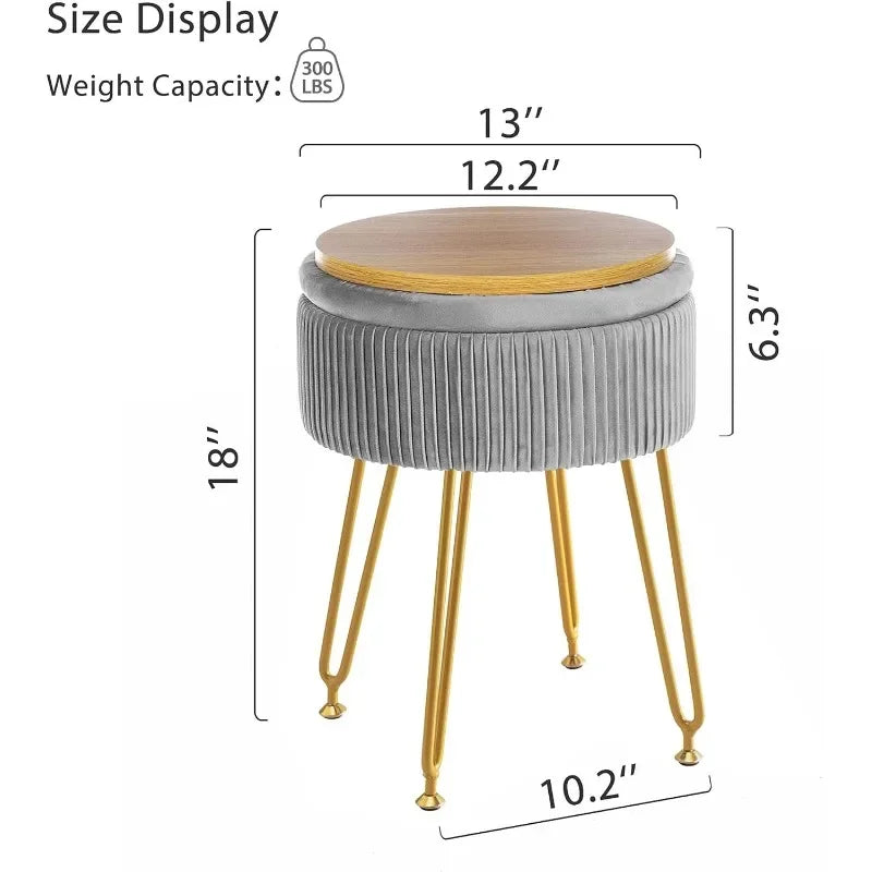 Grey Vanity Stool with Gold Legs,18” Height, Small Storage Ottoman Foot